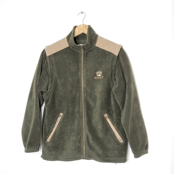 Vintage Jackets & Blazers - Vintage Olive Green Fleece Jacket with Tan Accents